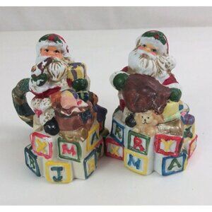 Vintage Santa & His Toybag Sitting On Blocks Christmas 3.5" Salt & Pepper Shaker